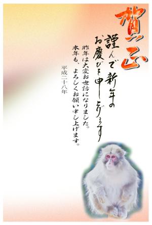 年賀状テンプレート069縮小画像 賀正 座る猿の水彩画イラスト デザイン背景画