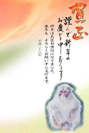 年賀状テンプレート073縮小画像 賀正 座る猿の水彩画イラスト デザイン背景画