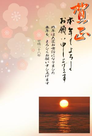 年賀状テンプレート259縮小画像 賀正 海からの初日の出写真 デザイン背景画(梅)