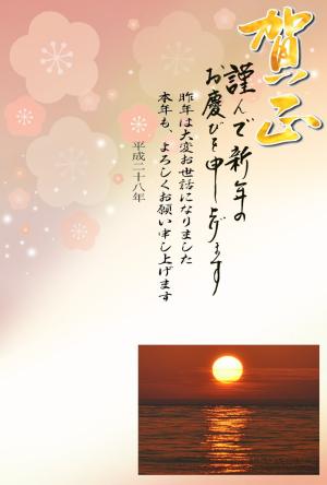 年賀状テンプレート262縮小画像 賀正 海からの初日の出写真 デザイン背景画(梅)